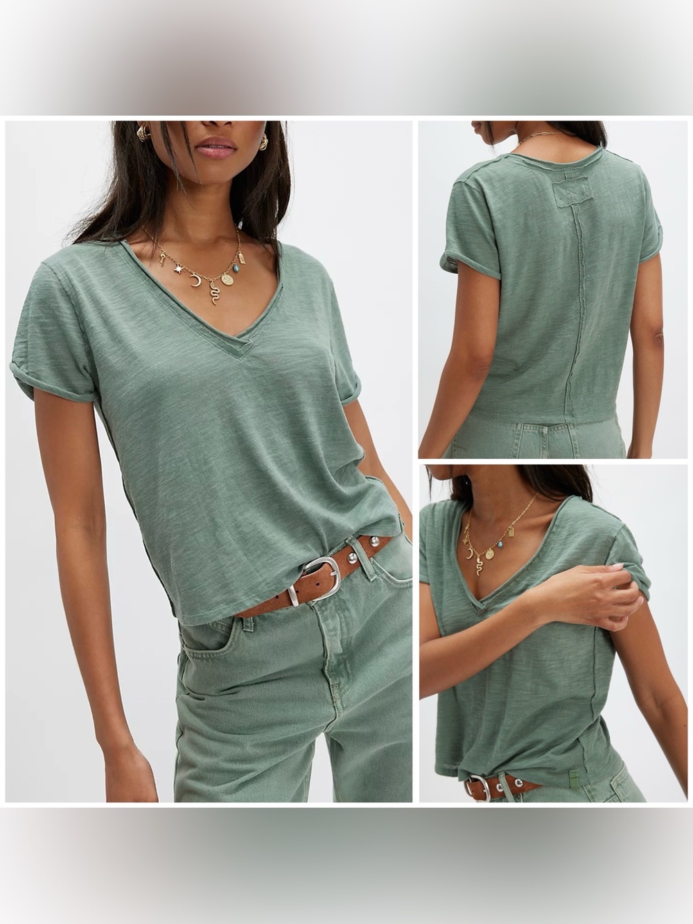 NWOT Free People We The Free Take 2 Tee - Olive Leaf Combo Green - Small